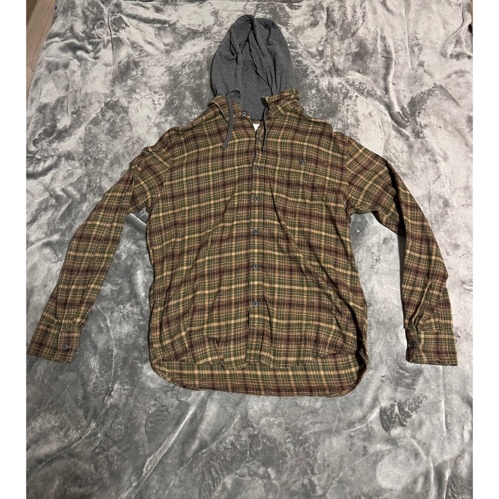 Sun + Stone Mens Green Brown Plaid Hooded Flannel Shirt Medium Hooded Button Up